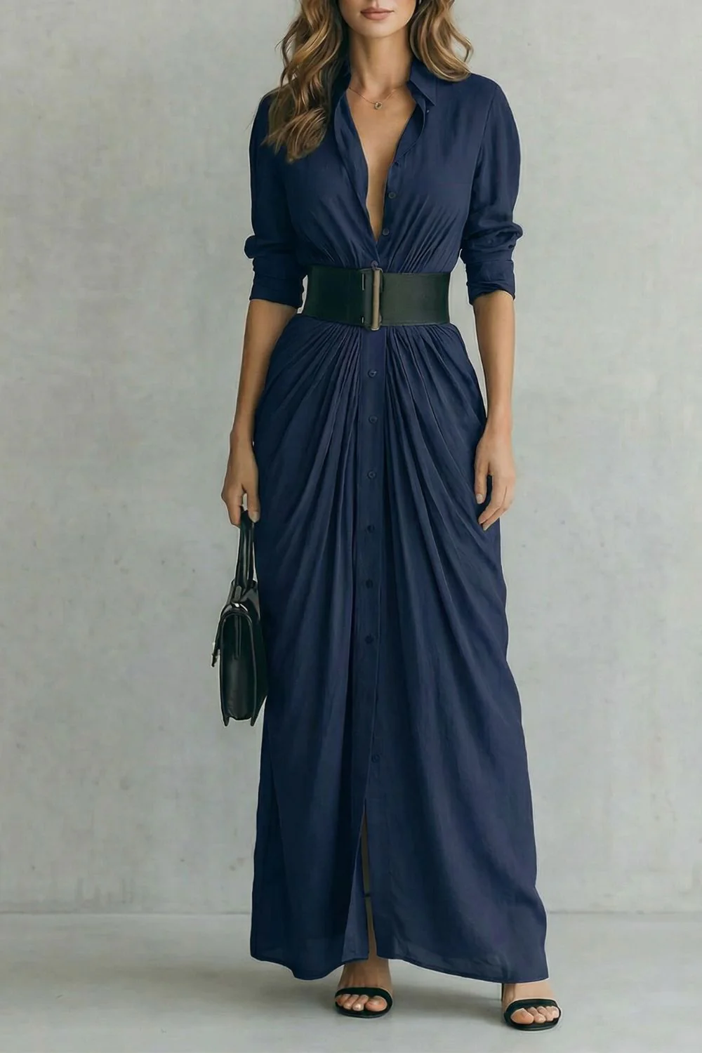 Solenzia – Pleated waist drama – Maxi shirt dress (includes belt) - Image 5