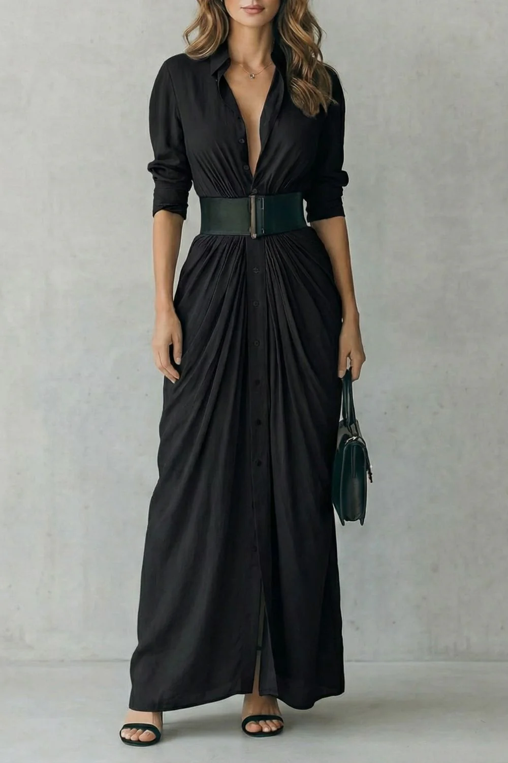 Solenzia – Pleated waist drama – Maxi shirt dress (includes belt) - Image 6