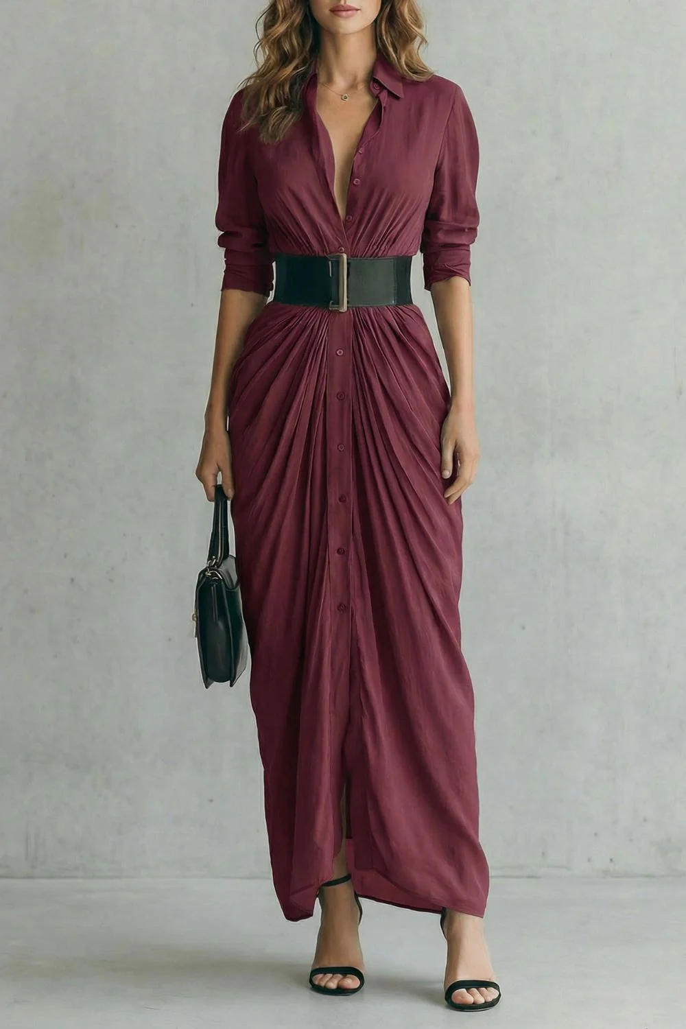 Solenzia – Pleated waist drama – Maxi shirt dress (includes belt) - Image 7