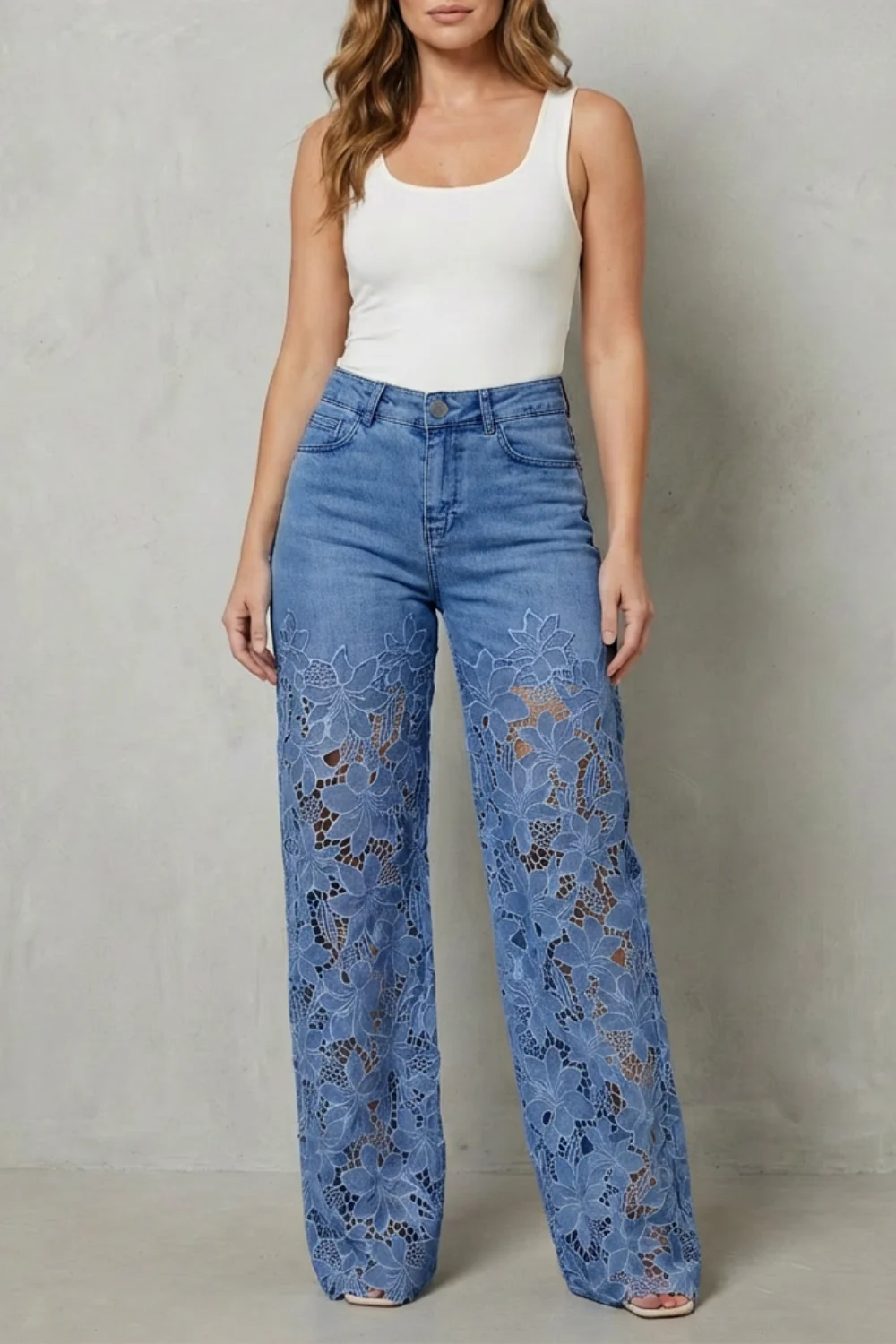 Solérine – Floral lace overlay – Wide-leg denim jeans - Image 5
