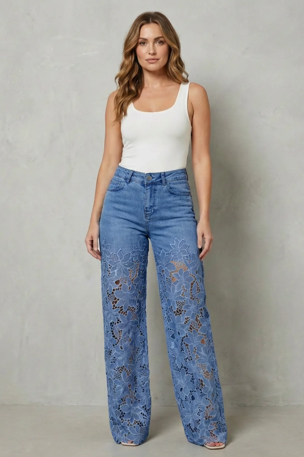 Solérine – Floral lace overlay – Wide-leg denim jeans - Image 6