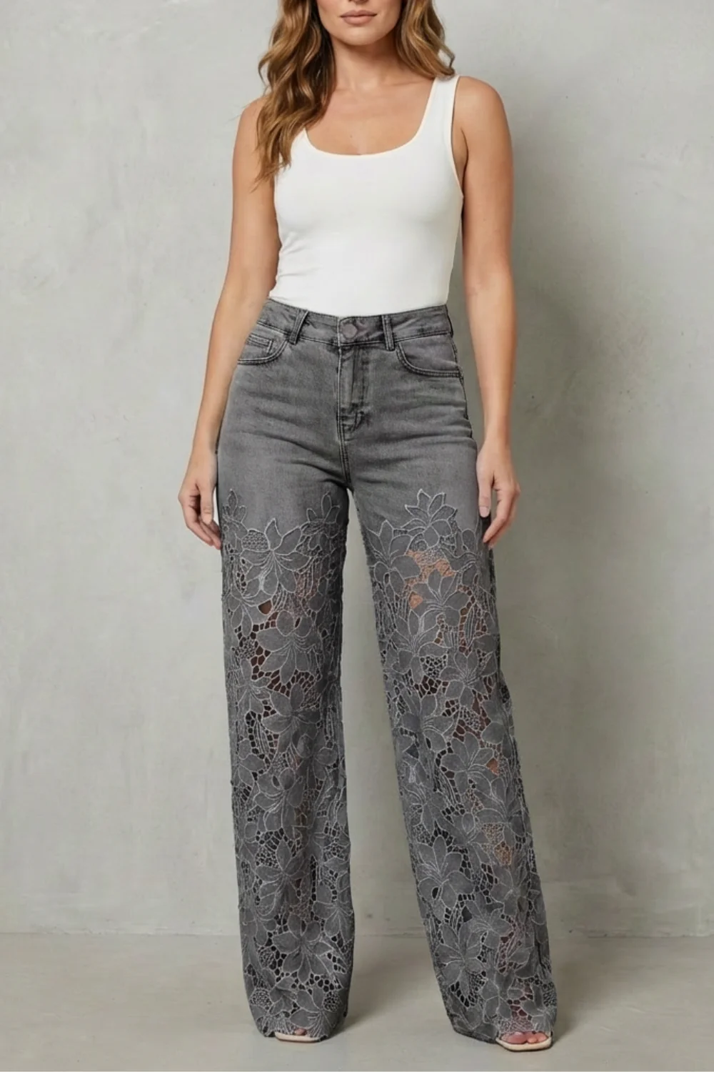 Solérine – Floral lace overlay – Wide-leg denim jeans - Image 7