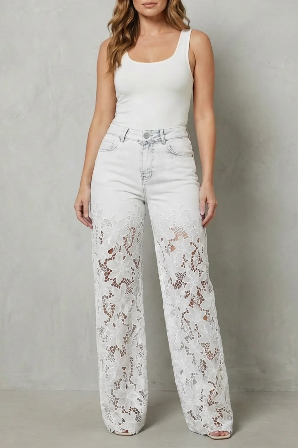 Solérine – Floral lace overlay – Wide-leg denim jeans - Image 9