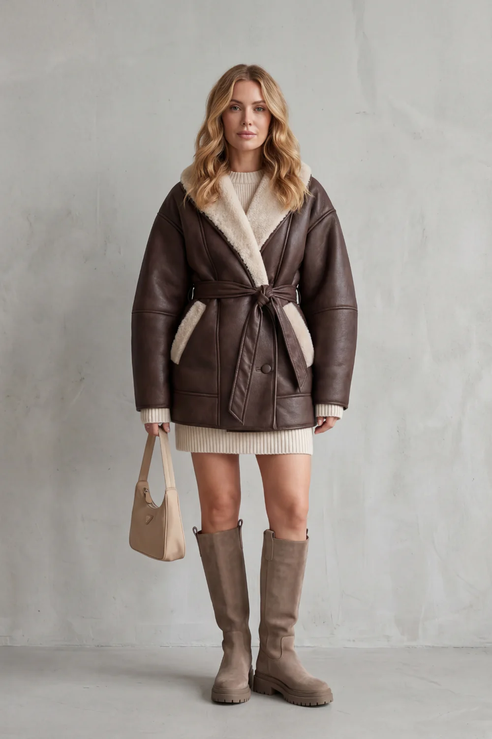 Sorelline – Contrast fleece wrap – Belted faux leather coat - Image 2