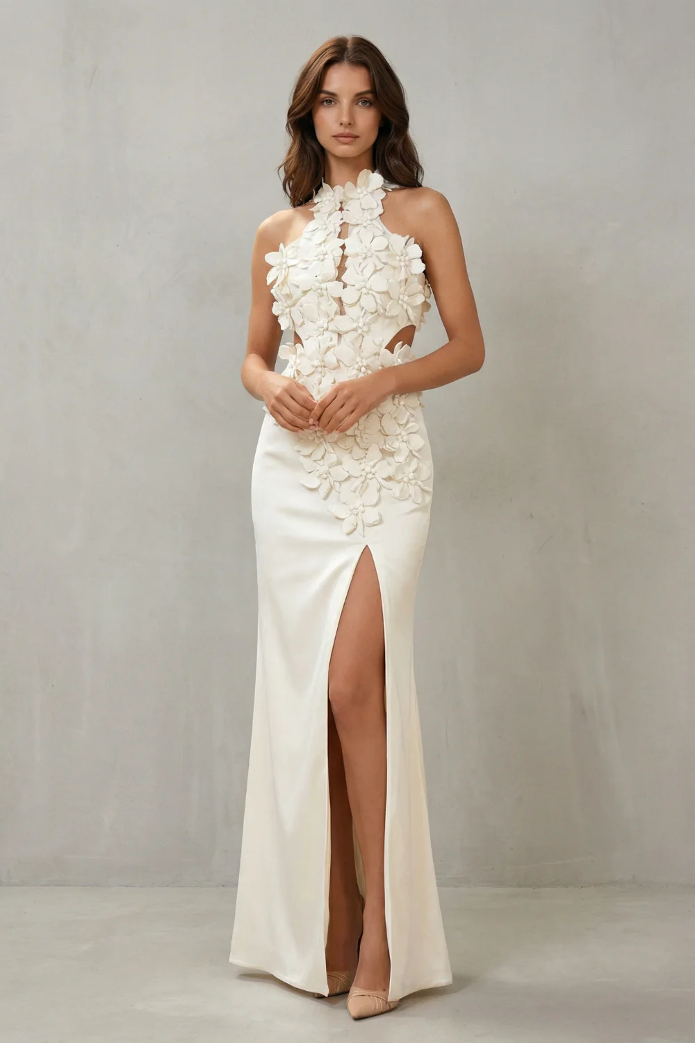 Una – Ethereal bloom – Women’s Halter Neck Flower Split Maxi Dress - Image 2