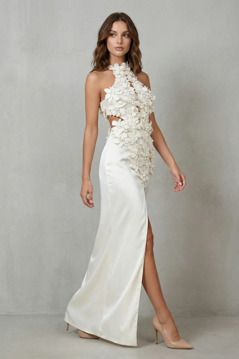 Una – Ethereal bloom – Women’s Halter Neck Flower Split Maxi Dress - Image 3