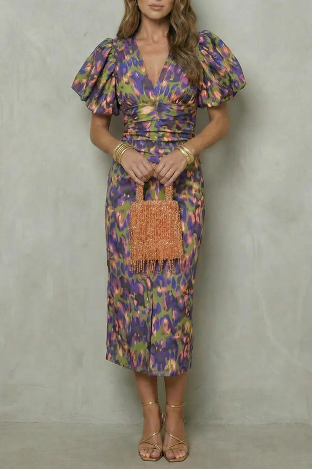 Valerissa – Bold abstract statement – Puff sleeve midi dress - Image 5