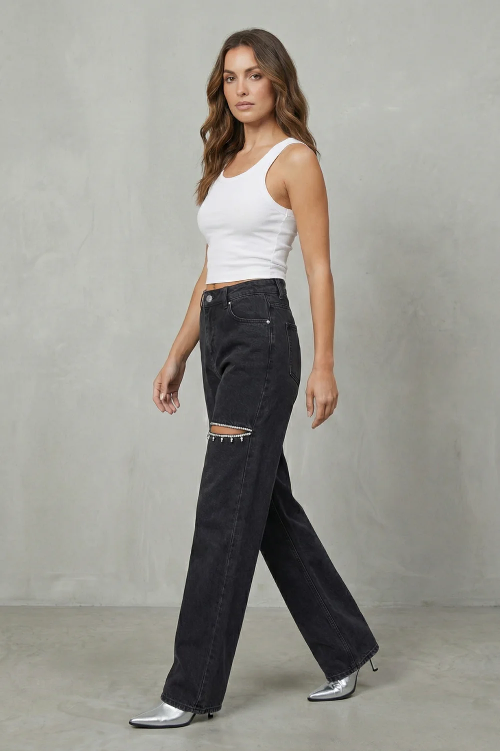 Velmoura – Crystal cut detail – Wide leg jeans - Image 3