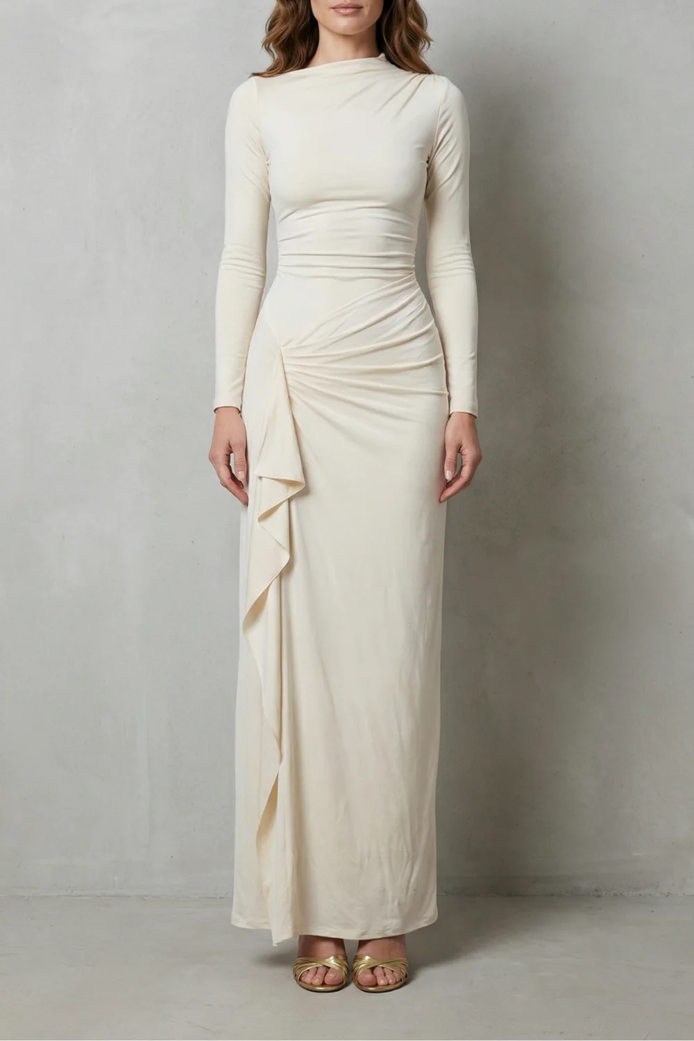 Veneta – Sculpted side drape – Long sleeve maxi gown