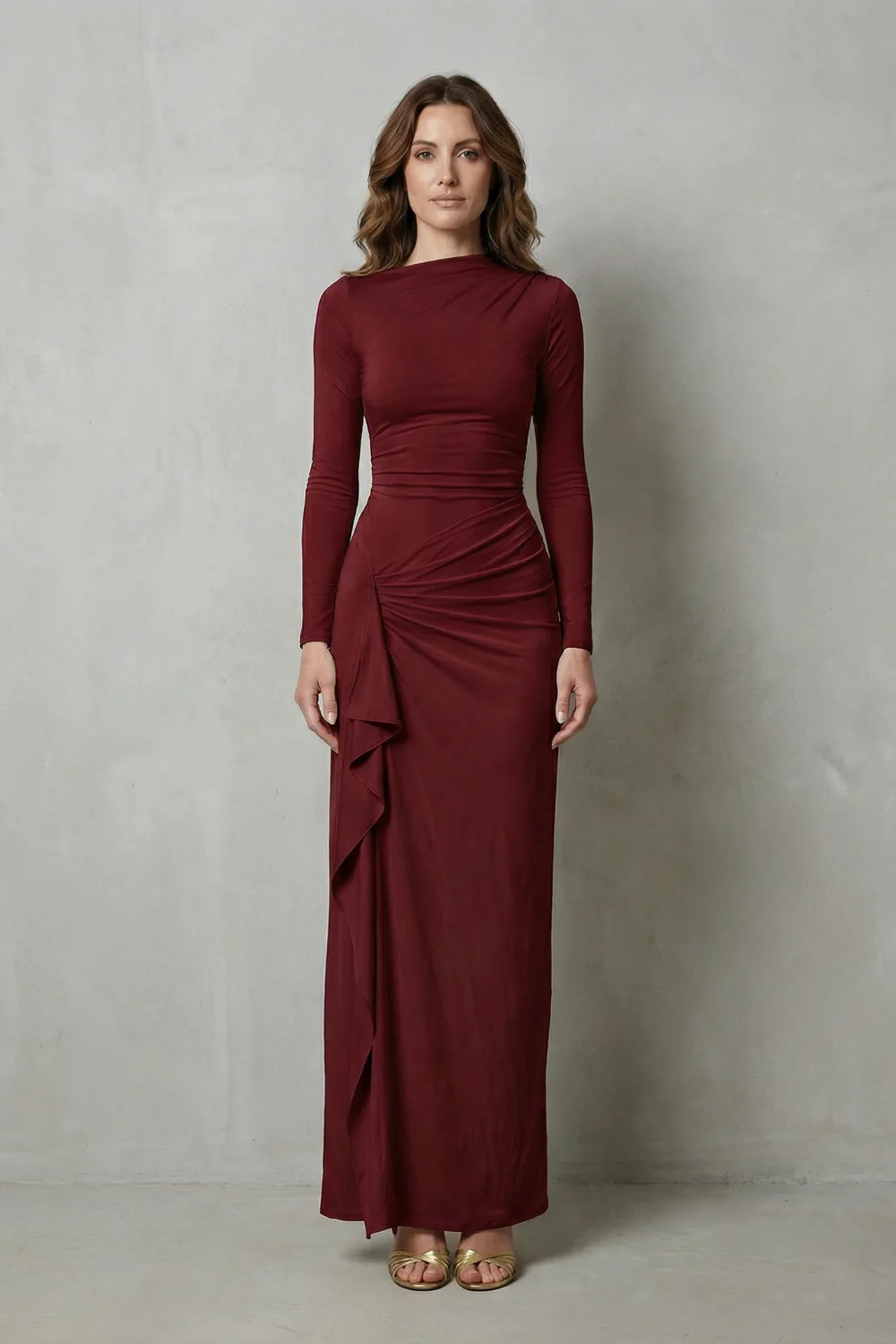 Veneta – Sculpted side drape – Long sleeve maxi gown - Image 10
