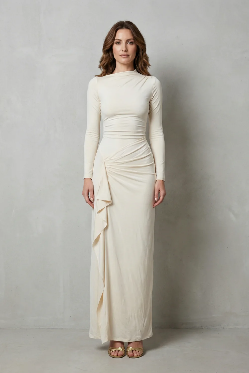 Veneta – Sculpted side drape – Long sleeve maxi gown - Image 2