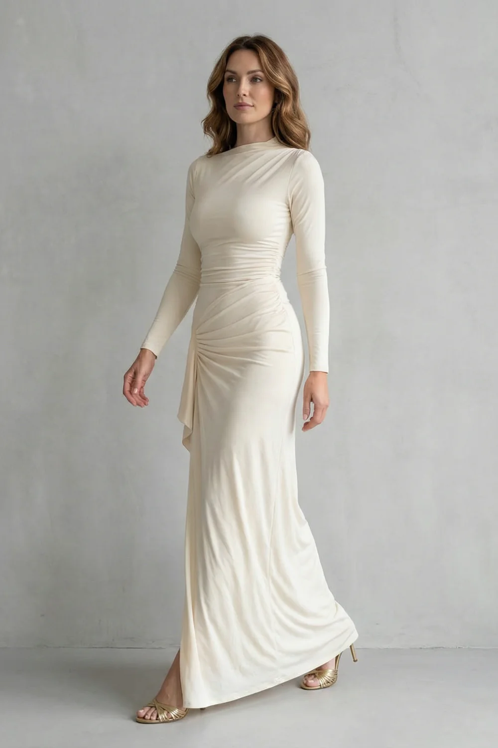 Veneta – Sculpted side drape – Long sleeve maxi gown - Image 3