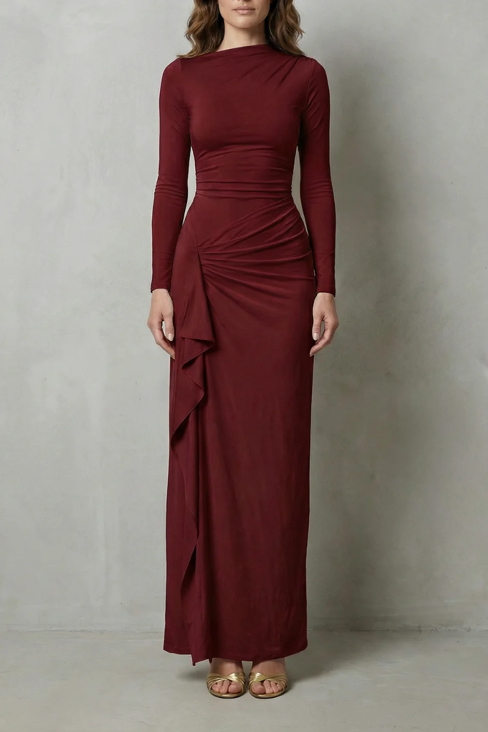 Veneta – Sculpted side drape – Long sleeve maxi gown - Image 9
