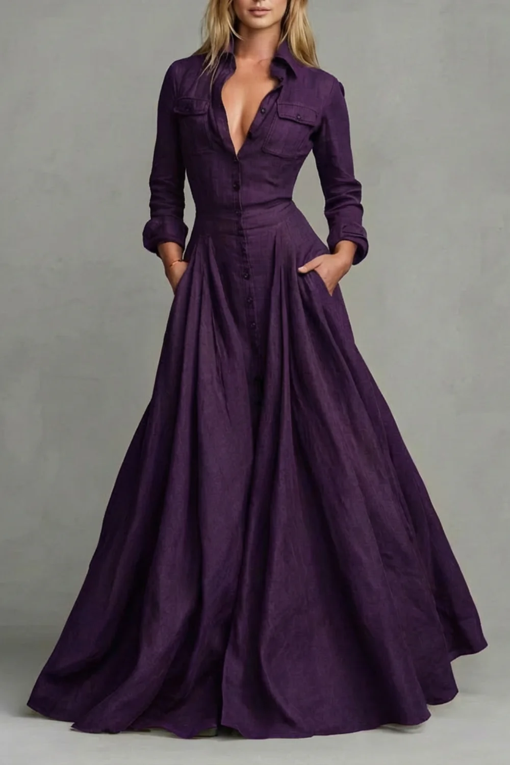 Verona – Long-Sleeved Collared Maxi Dress - Image 7