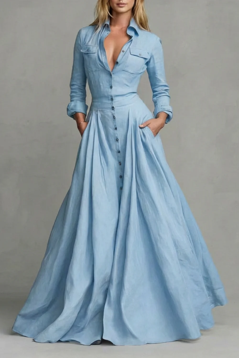 Verona – Long-Sleeved Collared Maxi Dress - Image 9