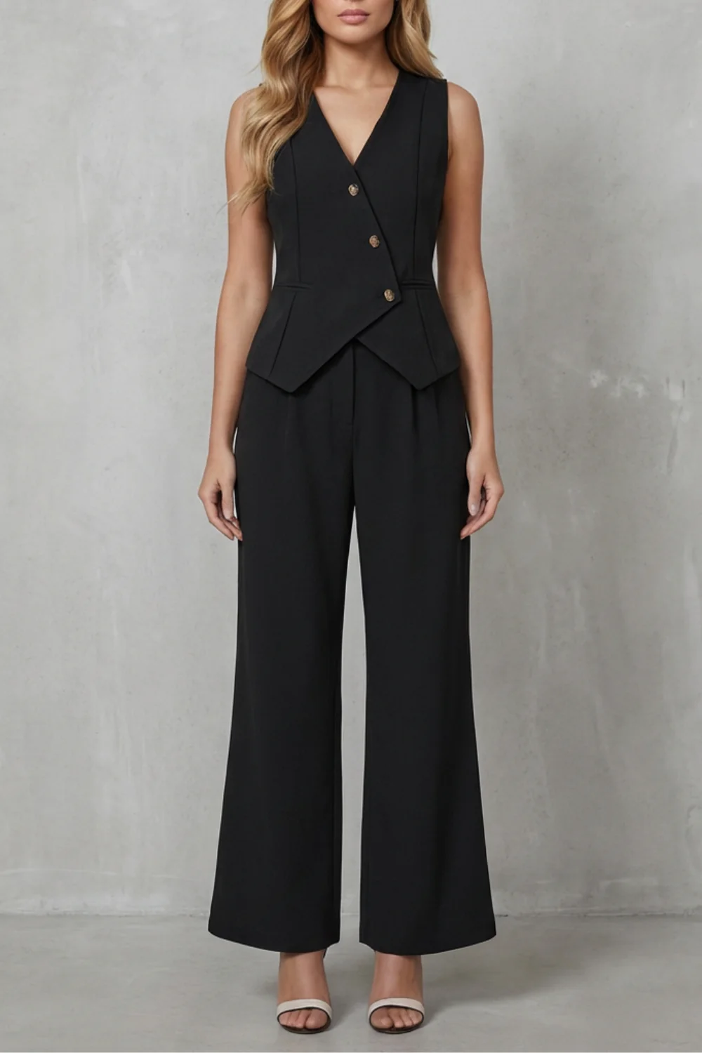 Vionna – Sleeveless Buttoned Suit Set – Chic Commuter Style