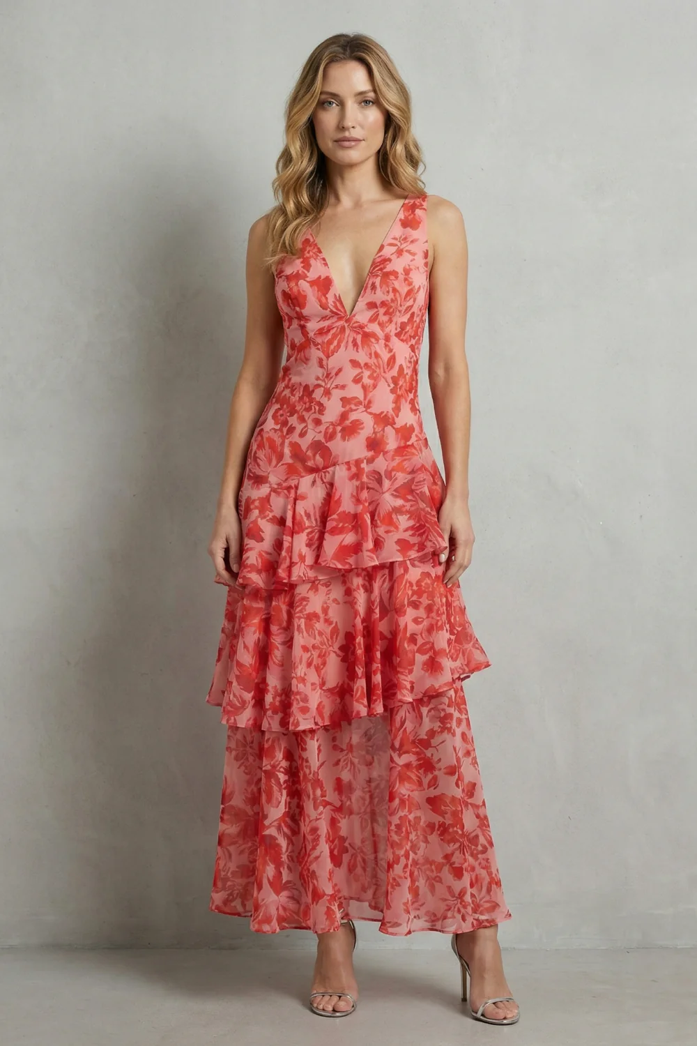 Virella – Crimson blossom layers – Tiered chiffon maxi dress - Image 2