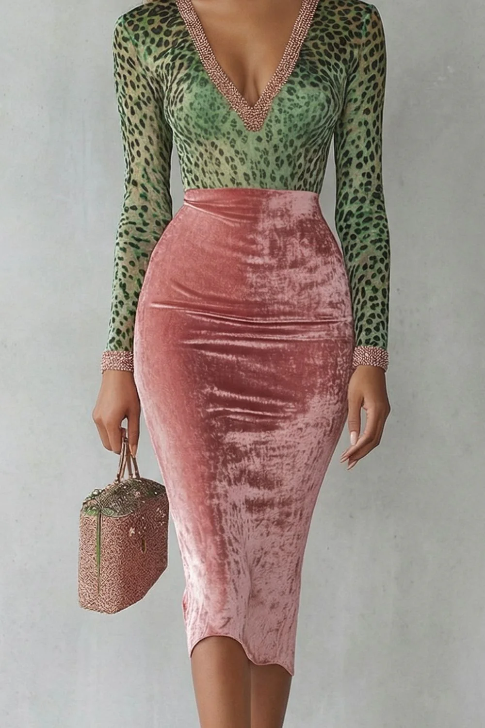 Virelline – Leopard velvet contrast – Bodycon midi dress - Image 3